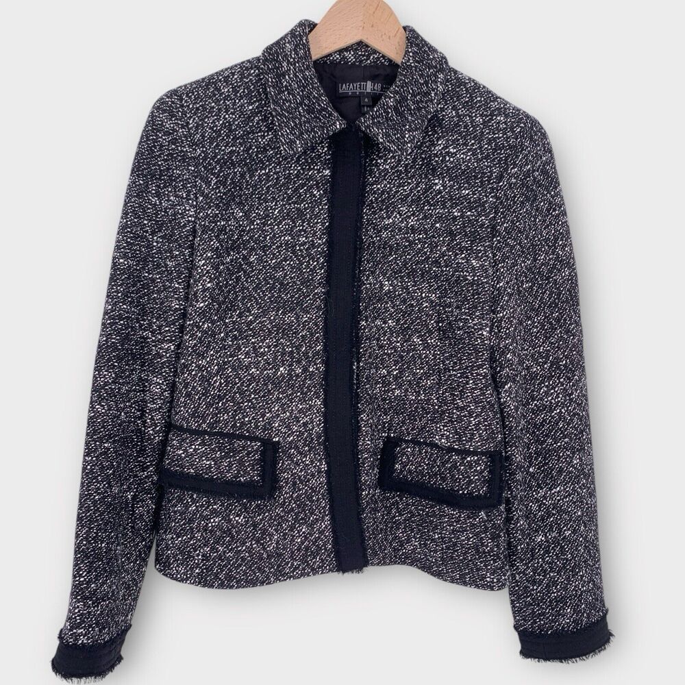 Lafayette 148 Black Tweed Fray Edge Wool Blazer 4P